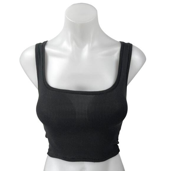Skims Black Sleeveless Rib Knit Racerback Square Neck Pullover Crop Tank Top XS - Picture 1 of 3